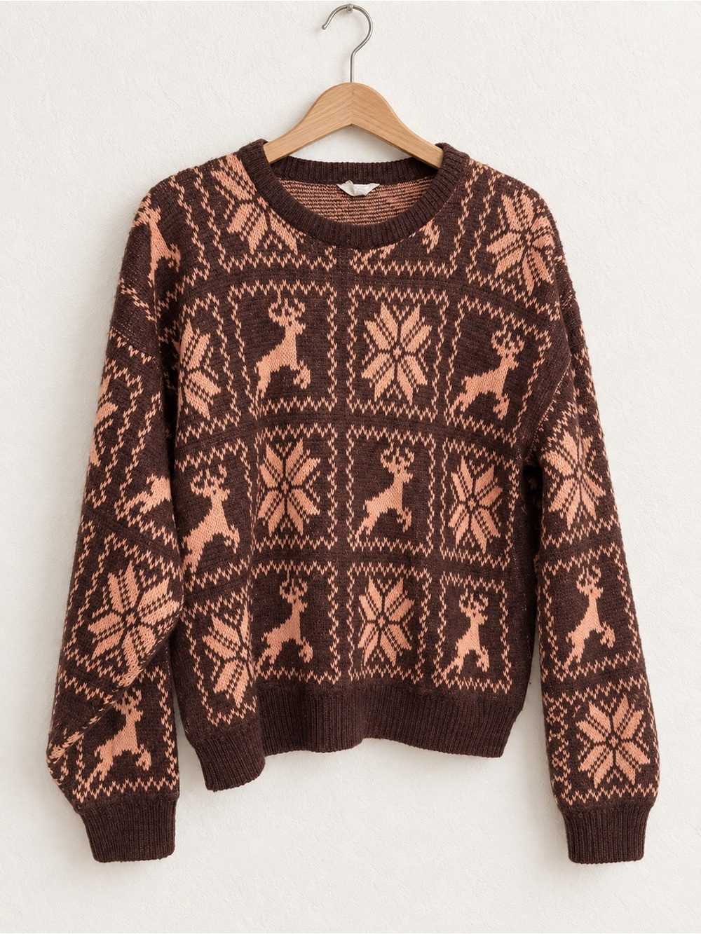 Retro Brown Reindeer Snowflake Nordic Knit Sweater M